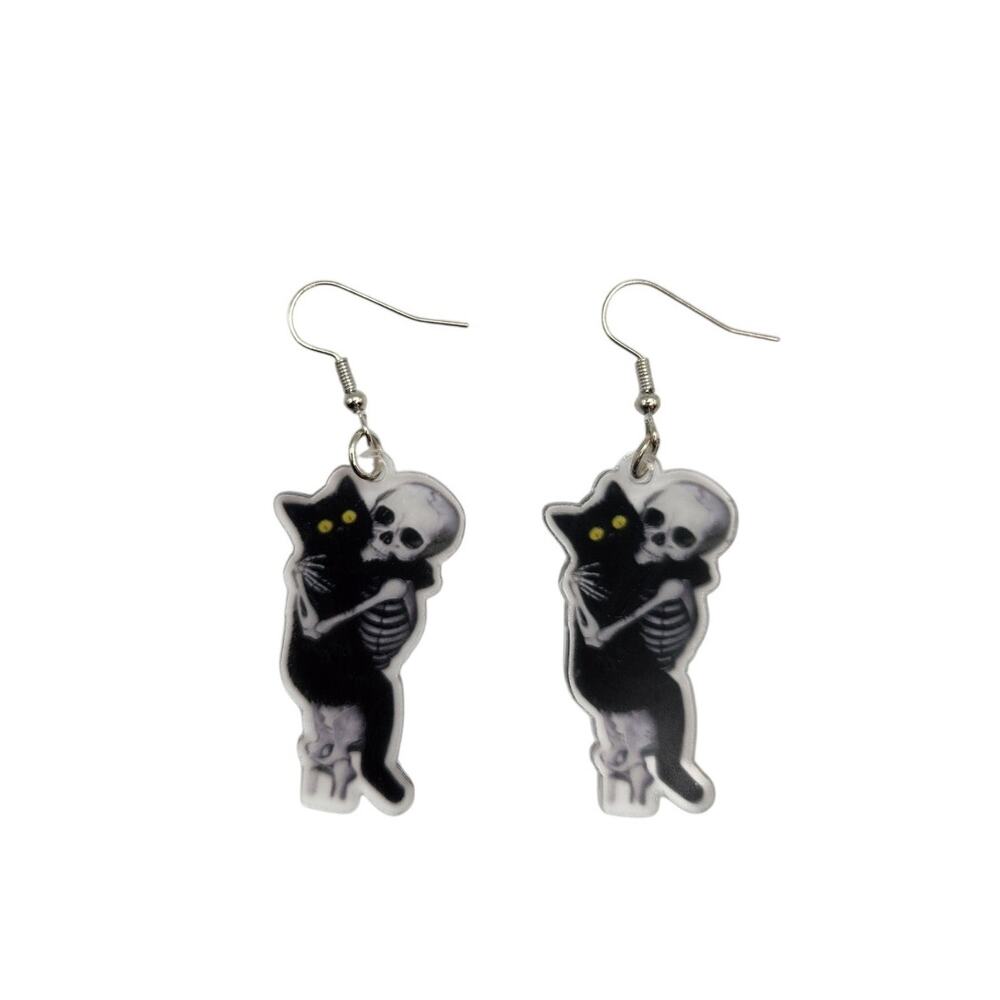 Acrylic Skeleton Holding Black Cat Dangle Earrings Gothic Halloween